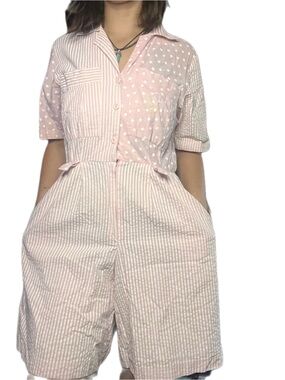 Vintage 80s Jordan Micheal’s Pink Seersucker Romper Size 4 | Short Sleeve Button